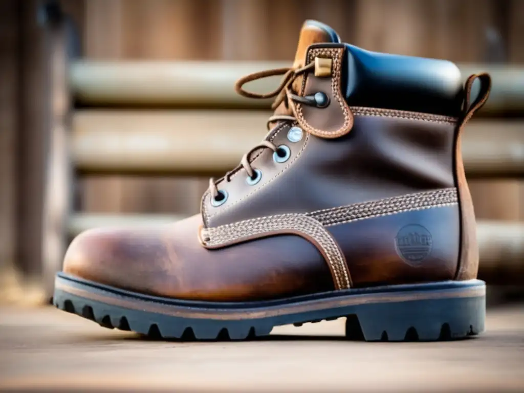 A rugged, Heavyduty steeltoed work boot with a sharp crease and intricate design etched into the exterior