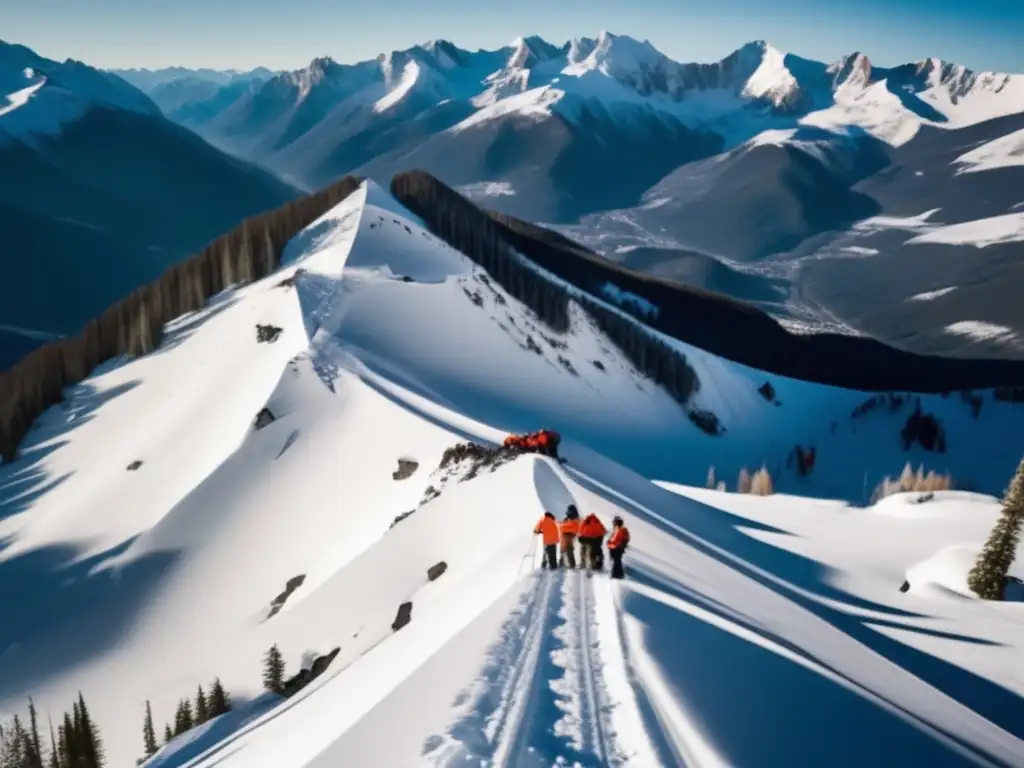 A breathtaking aerial view of a snow-covered mountain range, with workers hiking up to build a new ski resort