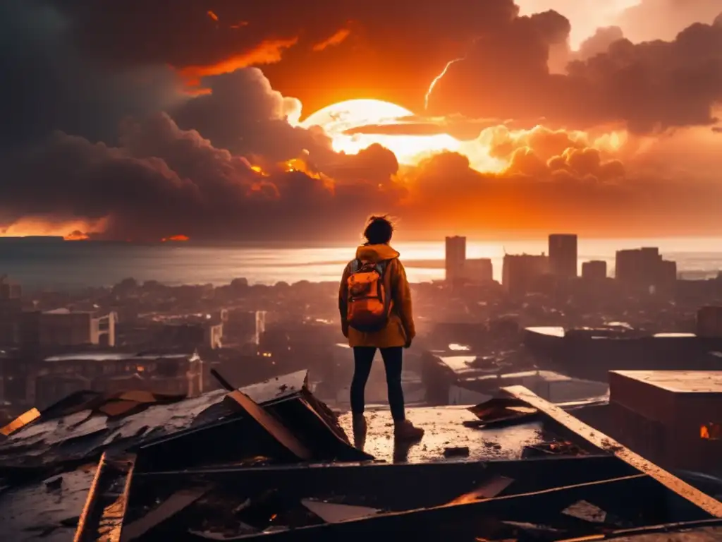 Dash-An atmospheric image of a person standing on a damaged rooftop, gazing over a bleak cityscape