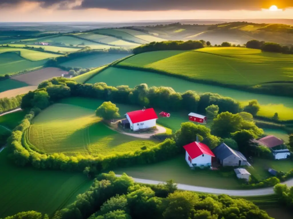 A cinematic shot of a rural town preparing for hurricanes, surrounded by green trees and farm fields, with the sun rising in the background