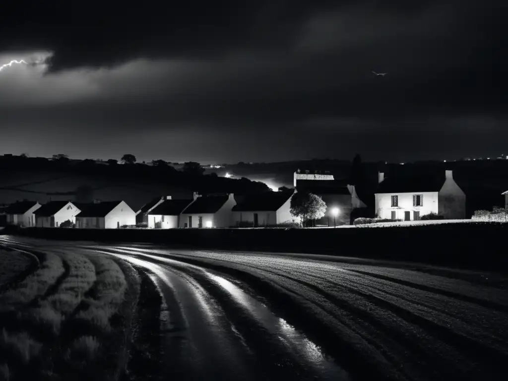 In the midst of a tempestuous night, this black-and-white photograph captures a rural village cloaked in darkness and despair