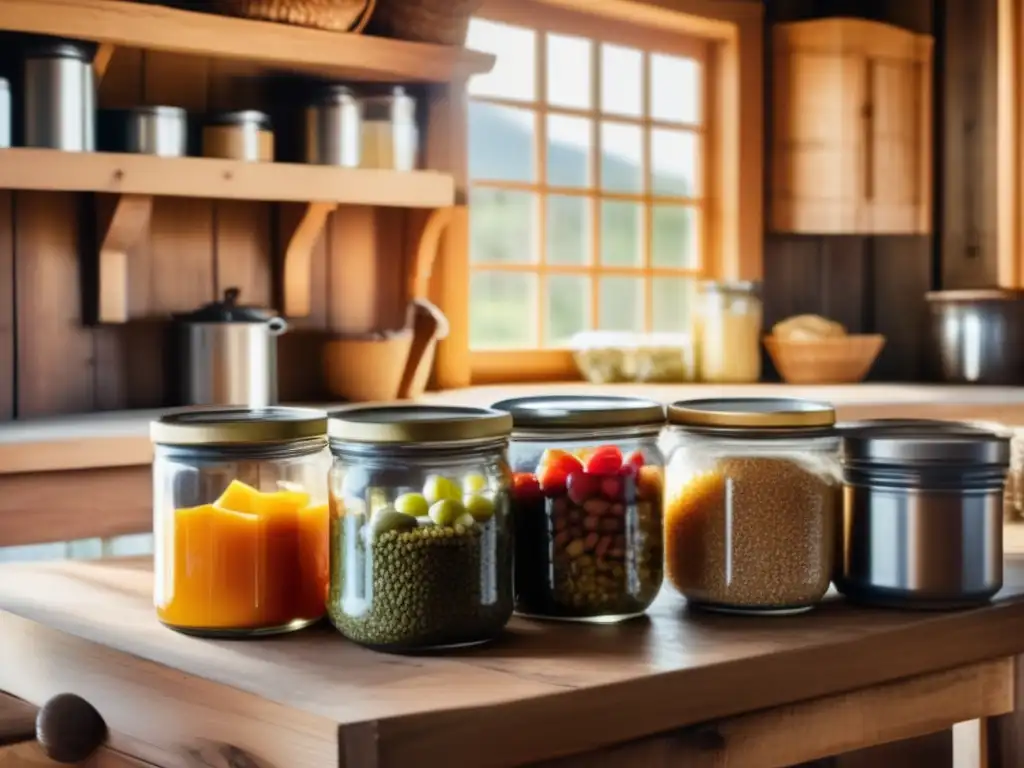 A rustic wooden table in a cozy cottage kitchen, brimming with colorful and textured canned goods