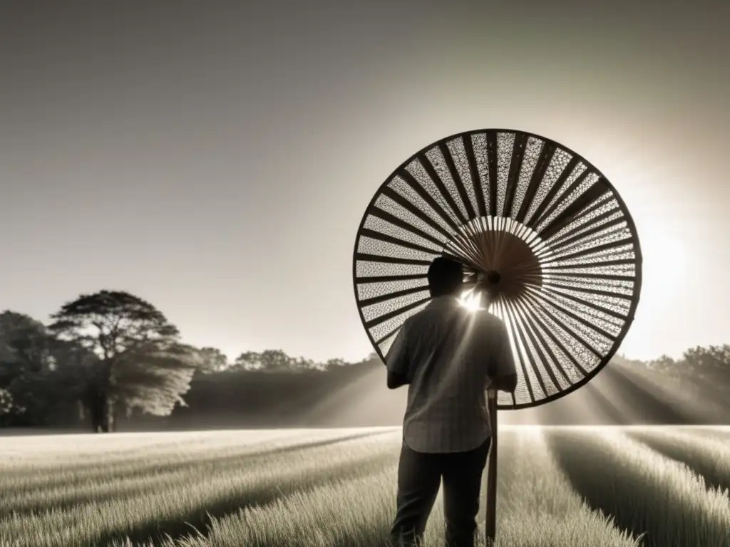 A rustic wooden fan with intricate carvings stands tall in an expansive field, basking in the beam of a golden sun