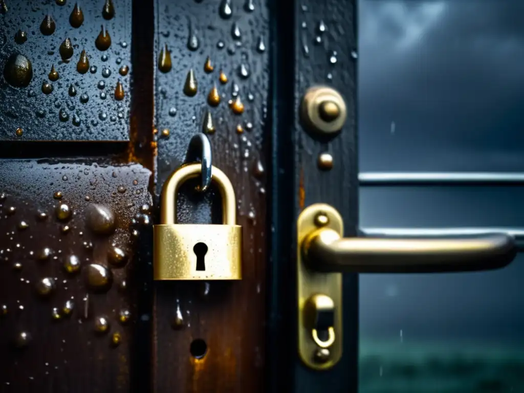 A rusty metal door stands guard amidst a stormy sky, its brass padlock hanging like a relic of a bygone era