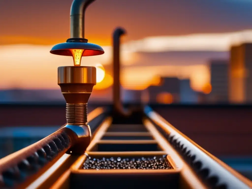 A rusted metal drainage system on a rooftop, illuminated by a warm golden glow during sunset, with intricate details and patterns of the metal piping and droplets of water falling from the tips, creating a captivating and eerie atmosphere