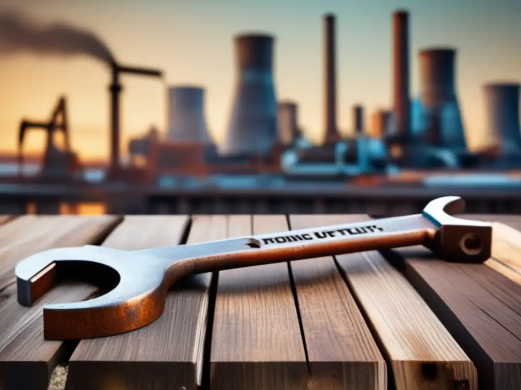 A weathered, ancient wrench rests on a wooden platform in a gritty industrial setting, accompanied by a mountain of tools and machinery