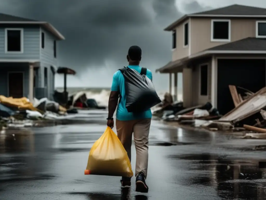 Emergency supplies at the ready: Risky but prepared, an individual or family faces the uncertain future, holding tightly to a bag of provisions amidst a damaged and drenched nature in a cinematic style photograph