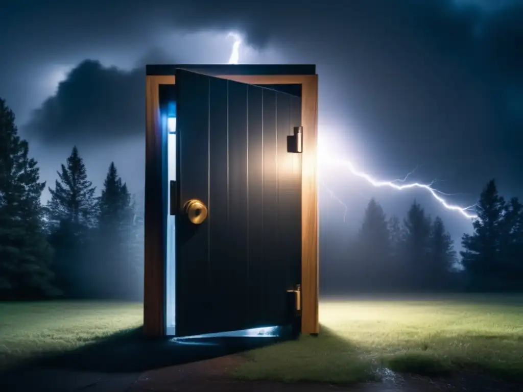 Intense winds howl through the trees behind a safe room door, enclosed in darkness