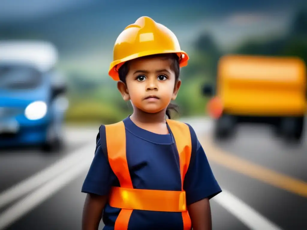 In this HDR 8bpc 7000 x 5600 image, a child wearing a child safety kit stands strong against the backdrop of a busy, hazardous highway