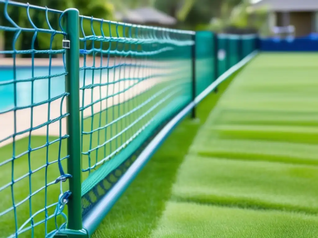 A stylish and safe temporary mesh fence with blue nets surrounds a vibrant green lawn and sparkling pool, providing ample space for children's play