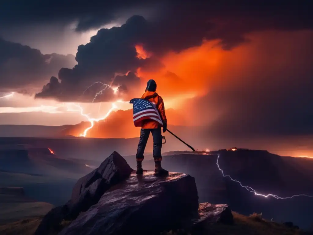 A lone figure braves the storm, standing tall atop a cliff, gazing out at the fiery orange sky, as rain and thunder rage around them