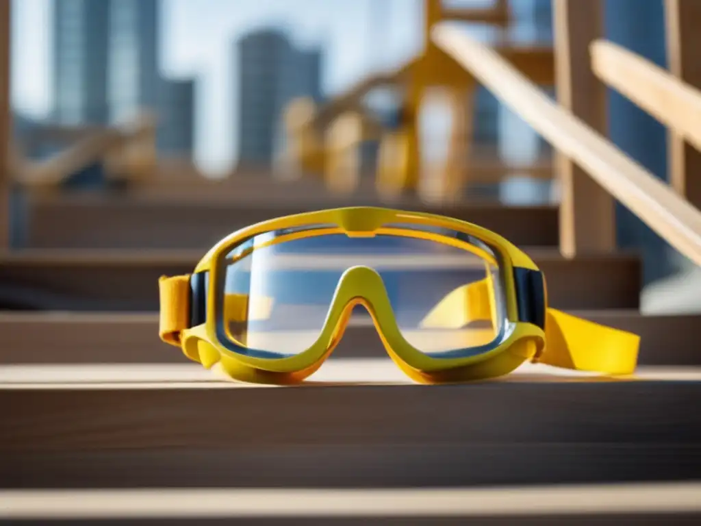 Dash: A stunning cinematic still photograph of safety goggles, meticulously arranged on stairs to a busy construction site