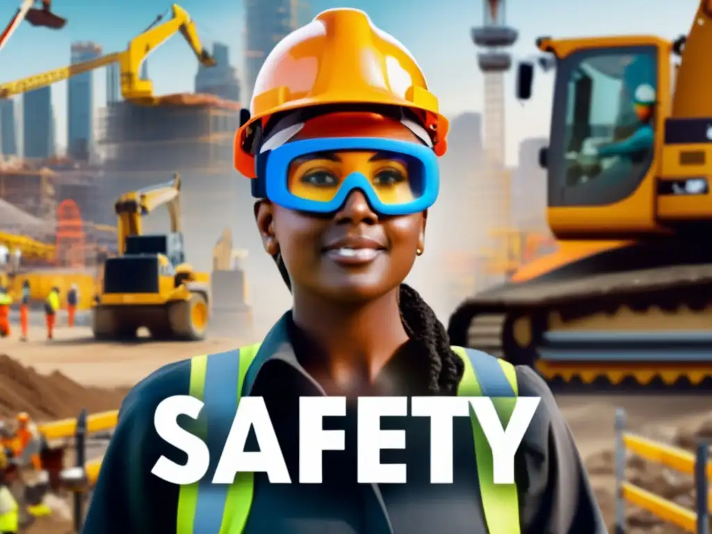 A cinematic image of a person wearing safety goggles in a construction zone, surrounded by heavy machinery and construction materials