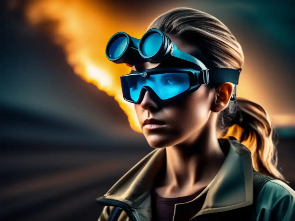 A person in a hazardous environment, with tinted and reflective safety goggles, protects their eyes from harmful UV rays and flying debris