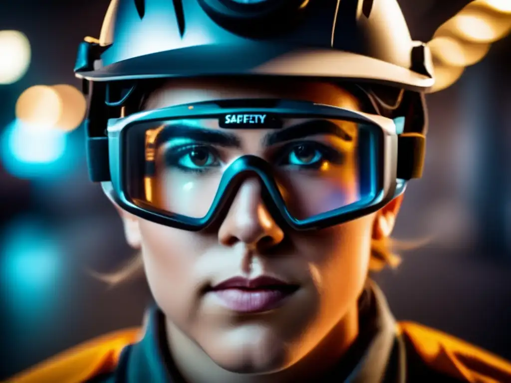 A person in safety goggles with captivating branding and intense eye focus, exuding confidence and security in the face of danger