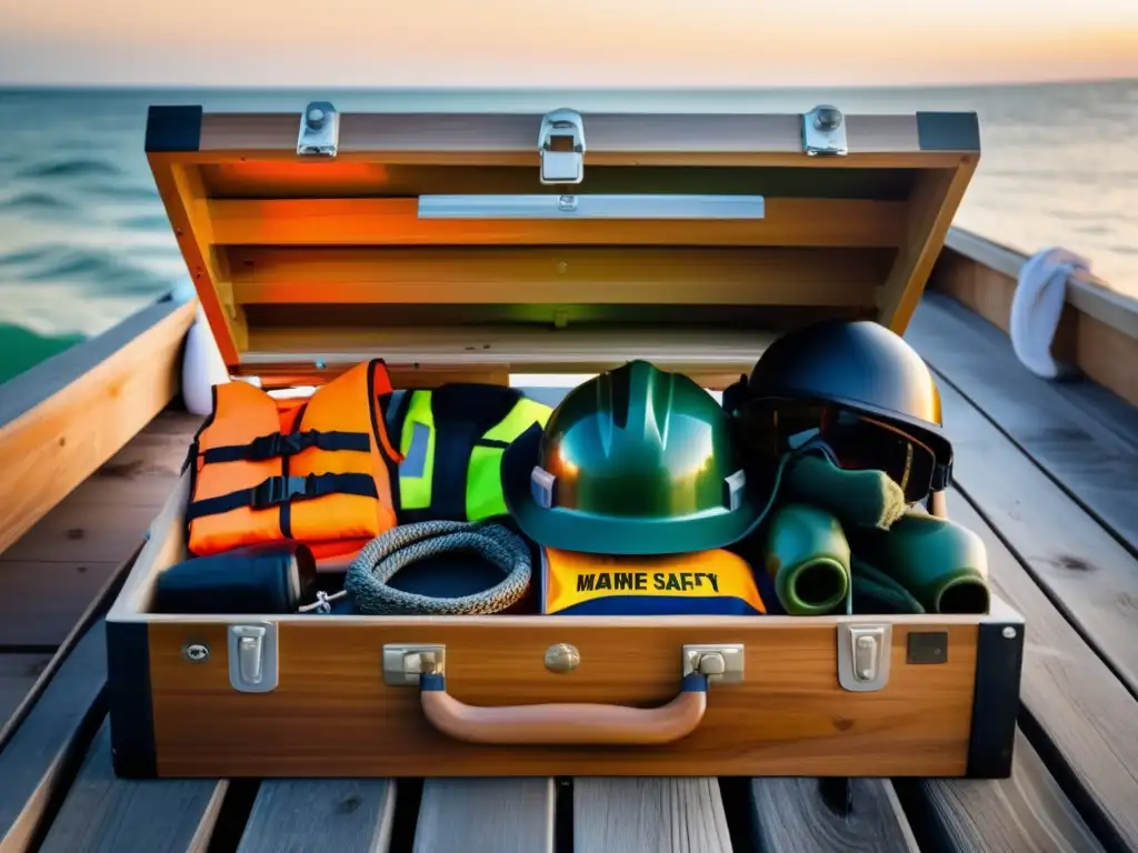 Essential marine safety kitprotected by dimly lit knives, helmets, and life jackets, neatly arranged in a stoic wooden box