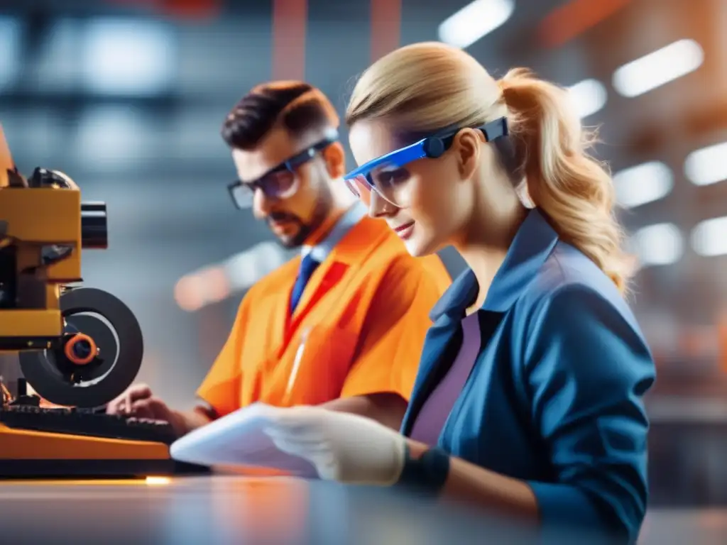 In this bright industrial setting, two individuals wear distinctive safety glasses while surrounded by machinery and safety nets