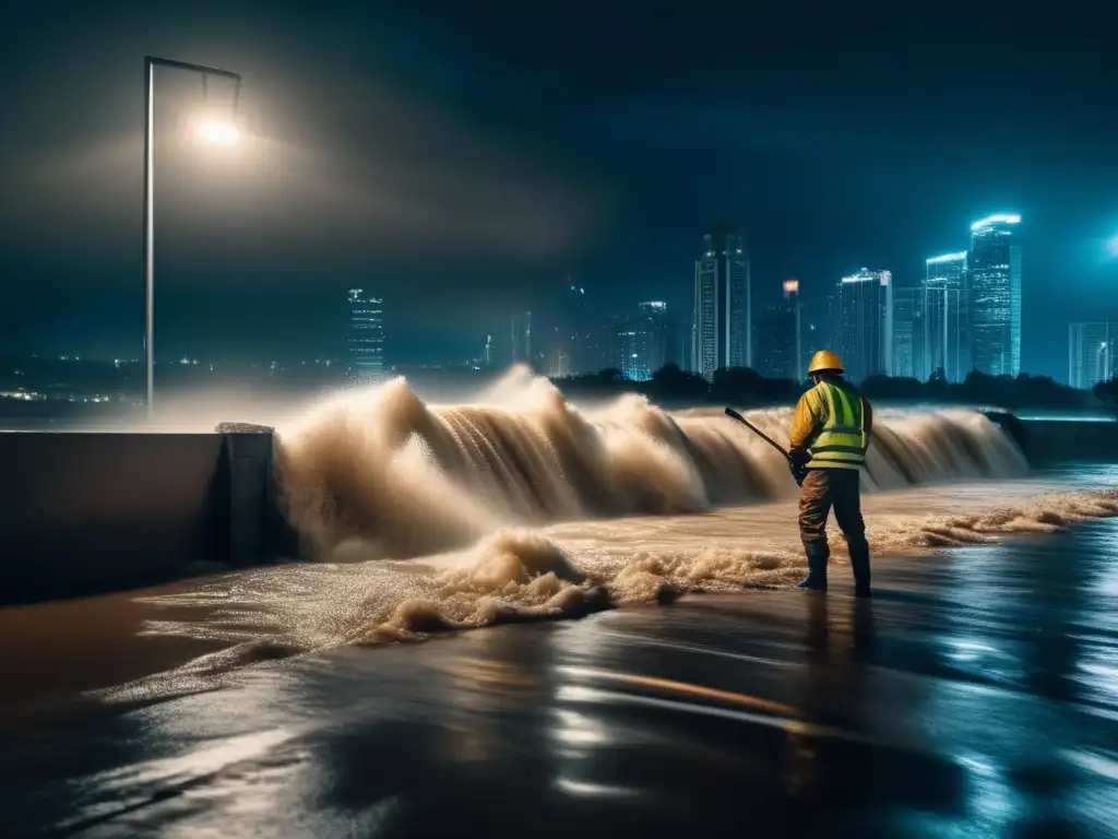 During a violent storm, a sandbagged barrier stands firm against flooding, while a dark and eerie cityscape looms in the distance - #Sandbags #Floods #Protection