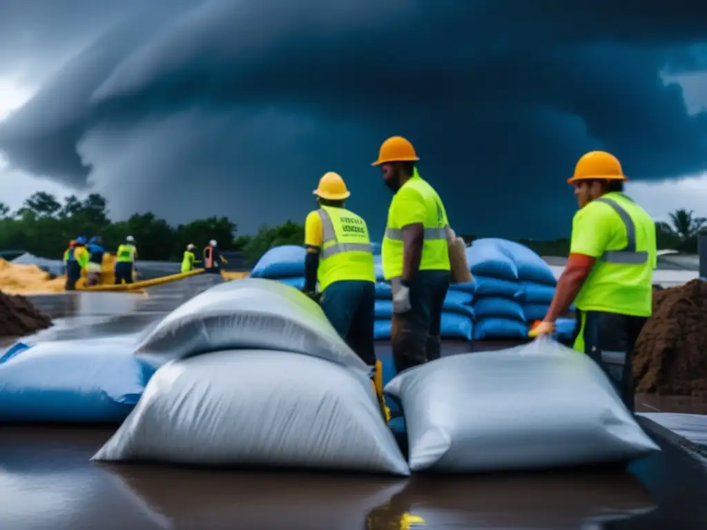 A cinematic shot of a sandbag barrier being constructed in front of a residential property amidst a hurricane