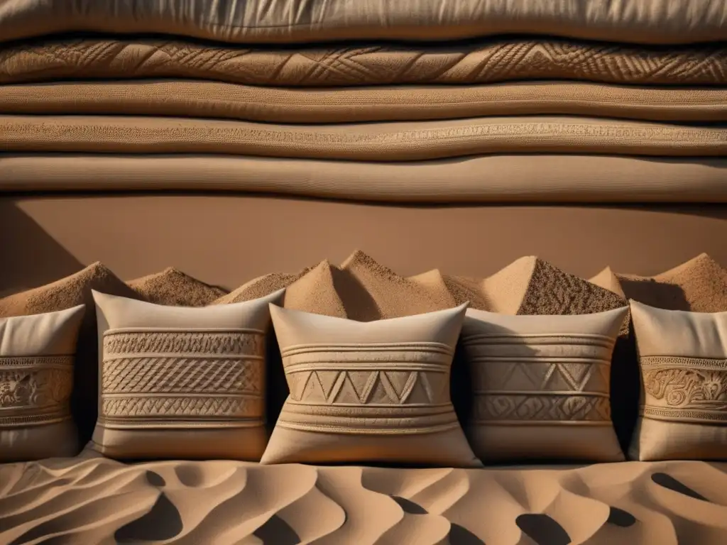 Illustration of intricately textured sandbags adorned with elaborate carvings in shades of sand and clay