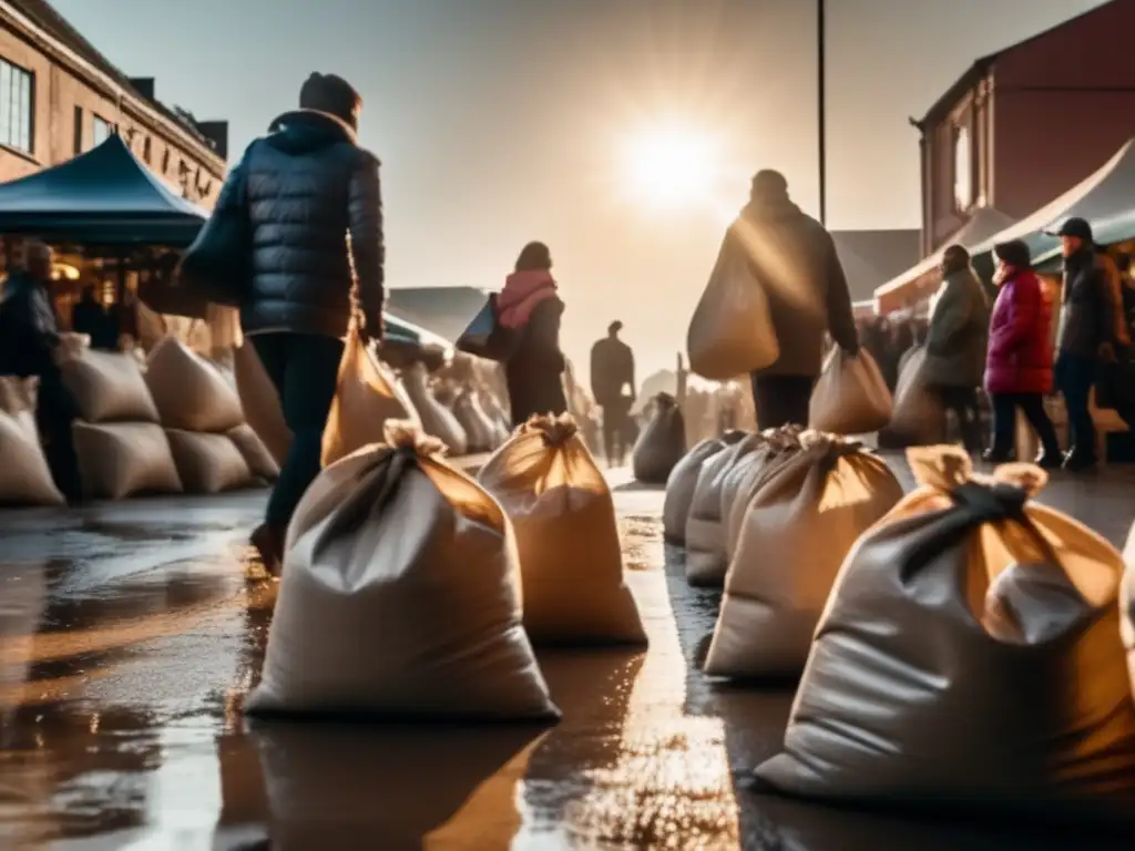 A group of people urgently shop for sandbags in a bustling market, with the sun reflecting off the wet, slick surfaces of the bags