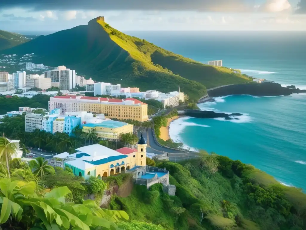 The vibrant blue sky contrasts with the warm tones of the historic buildings and lush foliage in this overhead shot of San Juan, Puerto Rico