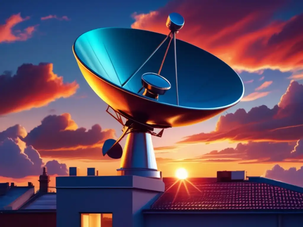 Satellite dish on rooftop at sunset, captured in 8k detail, receiving and transmitting signals across the sky