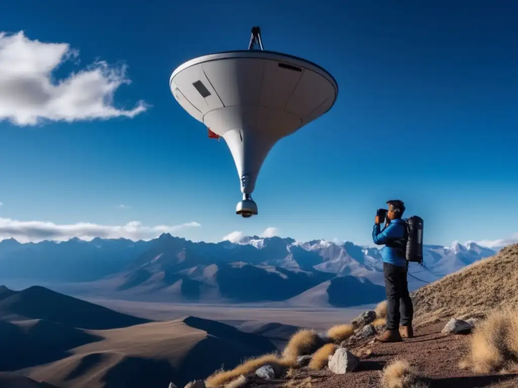 A captivating image reveals a person standing alone in the tranquil wilderness, phone outstretched to the clear blue sky