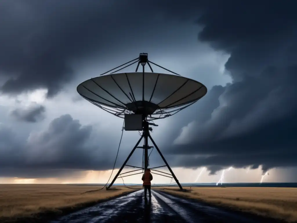 The storm conquers the sky as a satellite dish fights for connection, purposely positioned to reach the heavens despite the raging tempest