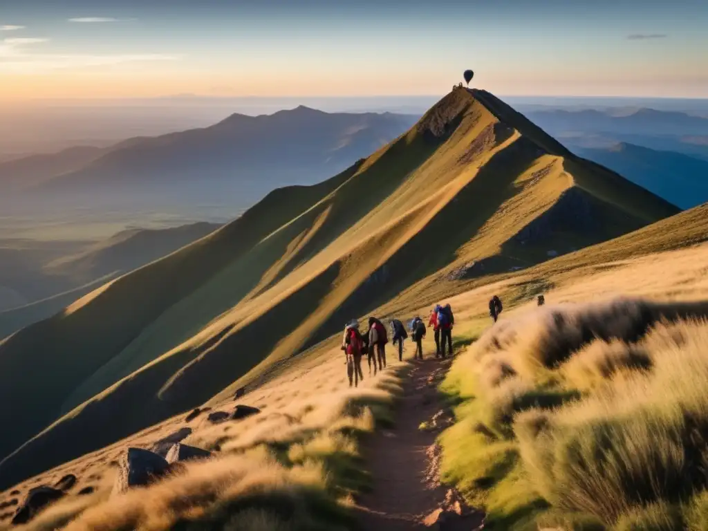 A rugged terrain with determination in the air as a group of hikers scale the mountain's peak