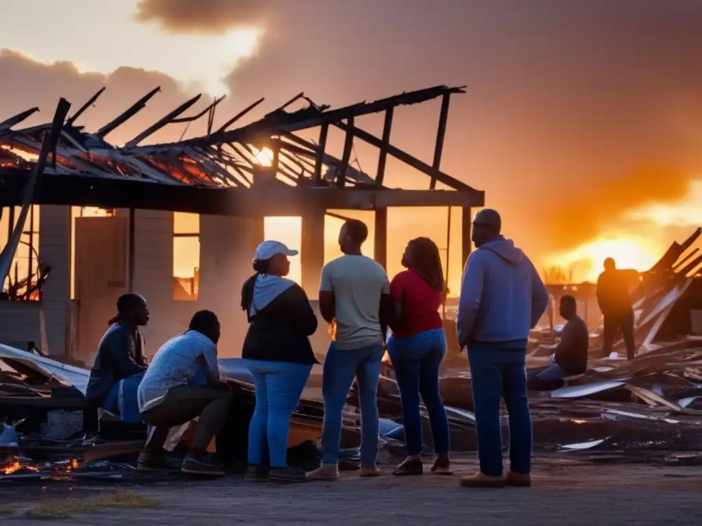 A group of people gather around a burned-out building, their burden heavy hearts in tow