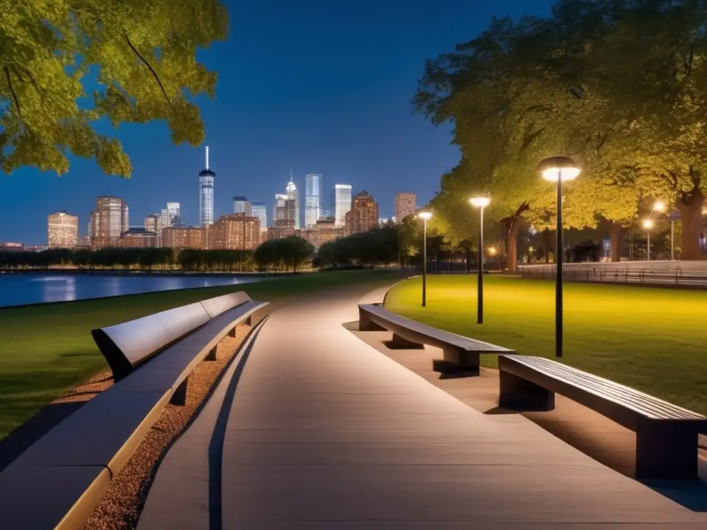 A captivating nighttime view of a serene park, beautifully illuminated by floodlights