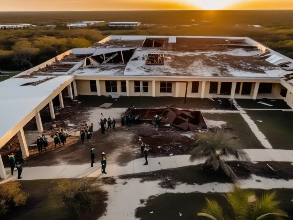 A heart-wrenching aerial shot of a school in Florida, with its roof torn off and debris scattered around