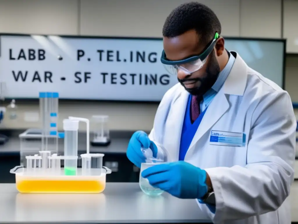 A diluting scientist in scrubs carefully scrutinizes water samples with labeled supplies on a whiteboard in a lab setting