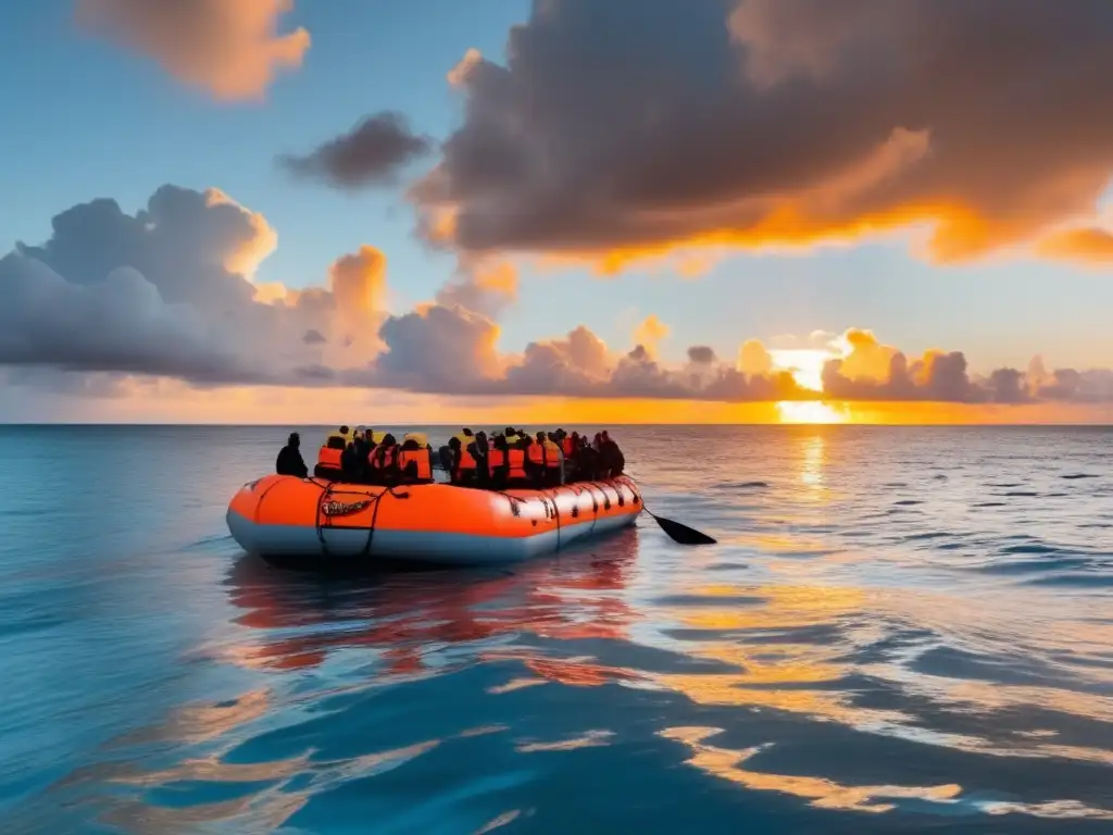 Proficiently, the five individuals paddle a life raft upon azure seas