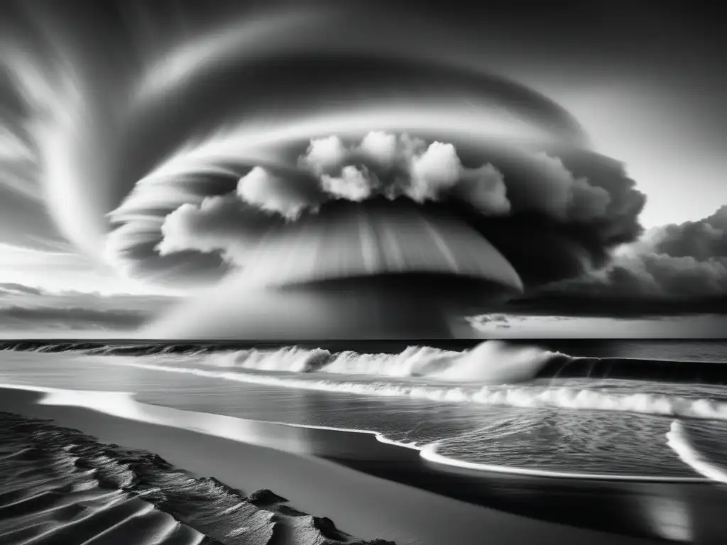 A black-and-white cyclone's eye looms ominously over a desolate seascape, its gauze clouds swirling, waves crashing, and a seashell lying on the shore