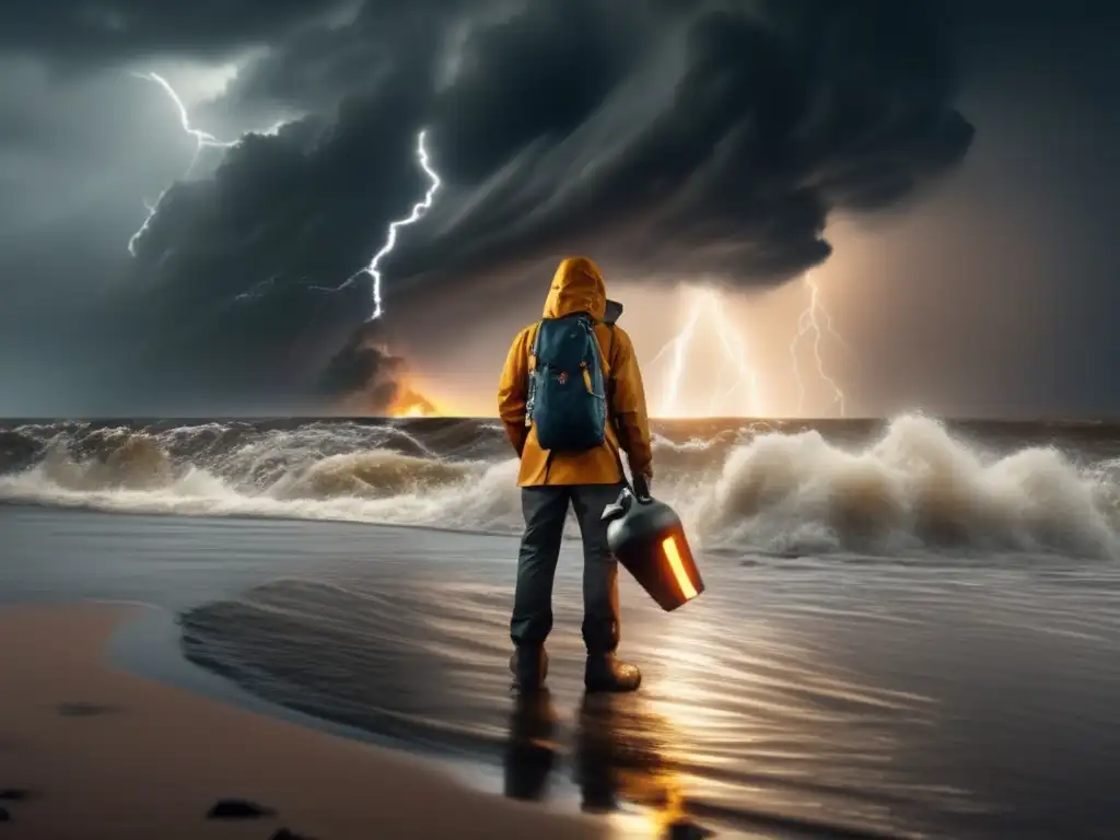 A lone figure stands on the shore, bracing against the force of the incoming hurricane as rain pours down, wind whips around them, and water rushes in