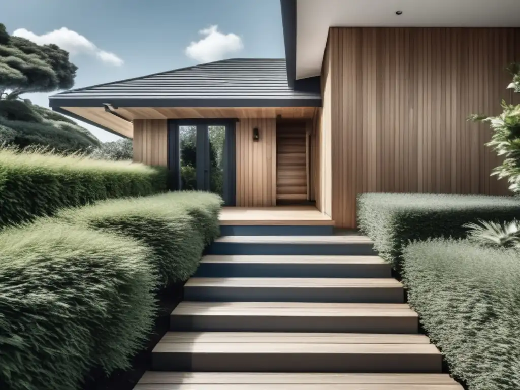 The grayscale image captures the essence of tranquility and serenity, with a wooden staircase leading up to a wide-open front door