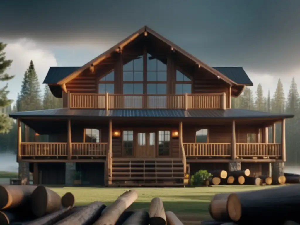 A stunning image of a strong, secure Lumber Queen's home in a hurricane, surrounded by trees and bustling activity in the lumber yard