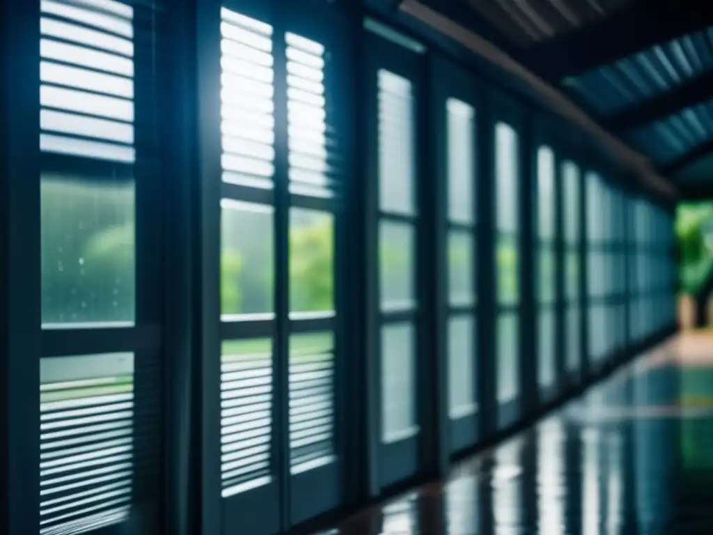 Shutterstorm: A cinematic snap of falling rain, casting eerie shadows and swayed shutters in motion