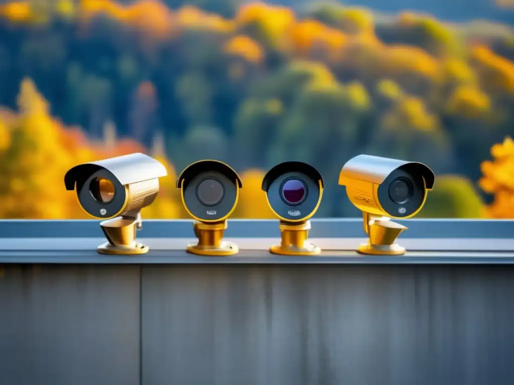 A stunning array of sleek, solarpowered cameras, flawlessly guarding the night sky, reflecting the golden glow of the distant forest horizon