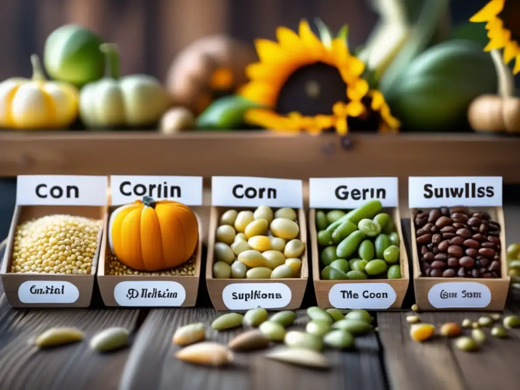 Seeds burst forth from their golden shells, etched with care on a wooden table, all at varying stages of life