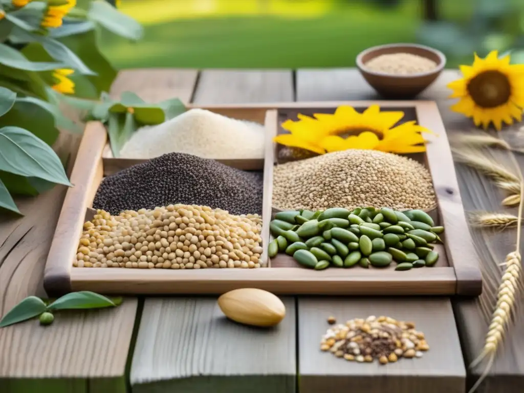 A rustic wooden table filled with colorful seeds, such as wheat, sunflower, and bean, arranged in an organized pattern