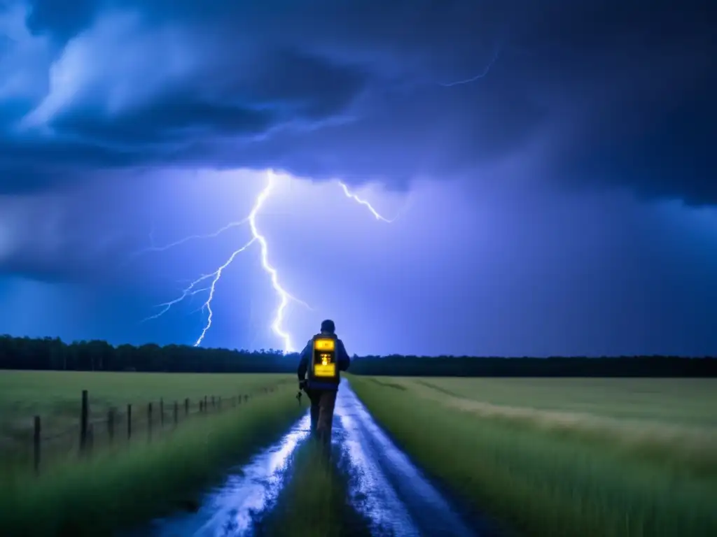 A bold, cinematic image of a determined seeker braved the raging storm, focusing on the emergency weather radio for vital updates