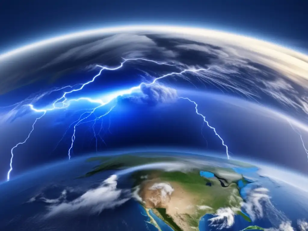 A cinematic image of the Earth, featuring regions of high seismic activity and a massive storm system in the foreground