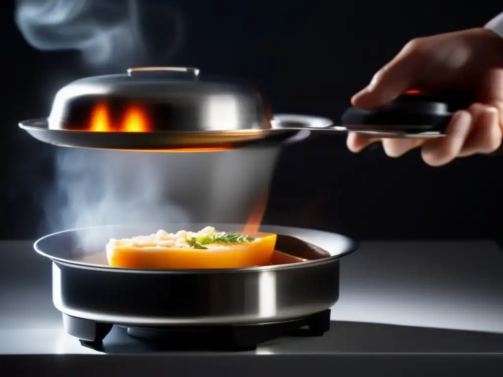 A self-heating meal in motion, with glossy packaging and steam rising, radiating convenience and comfort