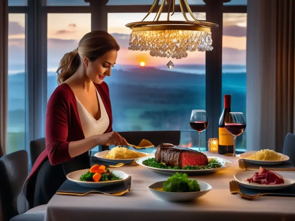 A luxurious dining room with crystal chandeliers and golden tableware sets the stage for a selfheating meal