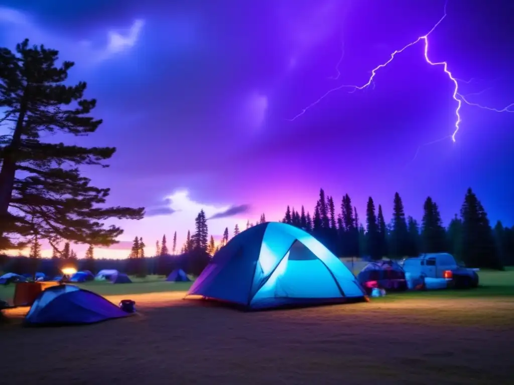 A serene campsite in the midst of hurricane winds, surrounded by swaying trees