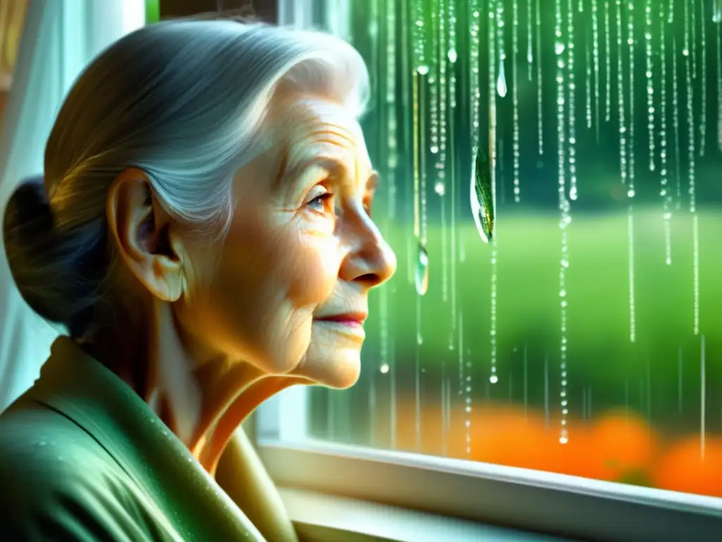 A serene elderly woman gazes out the window as gentle raindrops dance on the glass, creating patterns that flow like thoughts