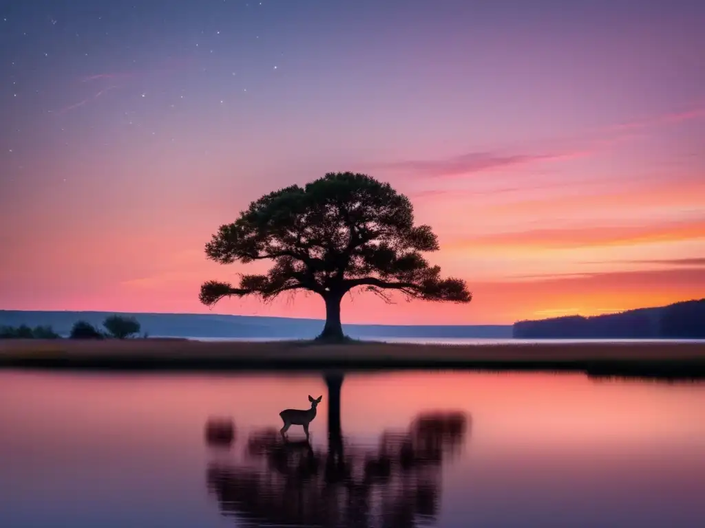 A peaceful, serene landscape at sunset, with a lone tree standing tall in the center of the frame